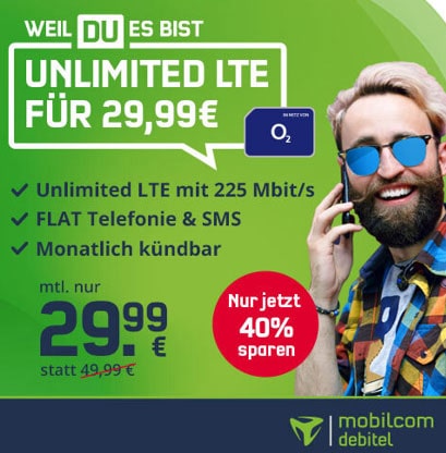 Mobilcom o2 Free Unlimited Max (unbegrenztes Datenvolumen) für 29,99€ | monatlich kündbar