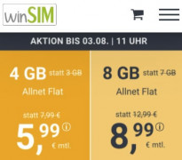 winSIM 4 GB Allnet Flat für 5,99€ | 8 GB Flat für 8,99€